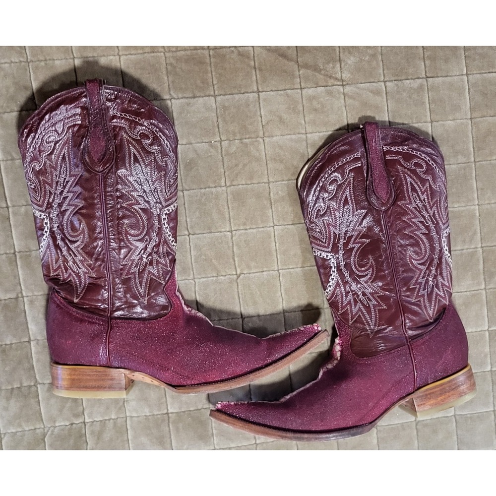 Mens Stingray Print Leather Cowboy Boots - 2X Toe Punta Chihuahua Style Size 8.5